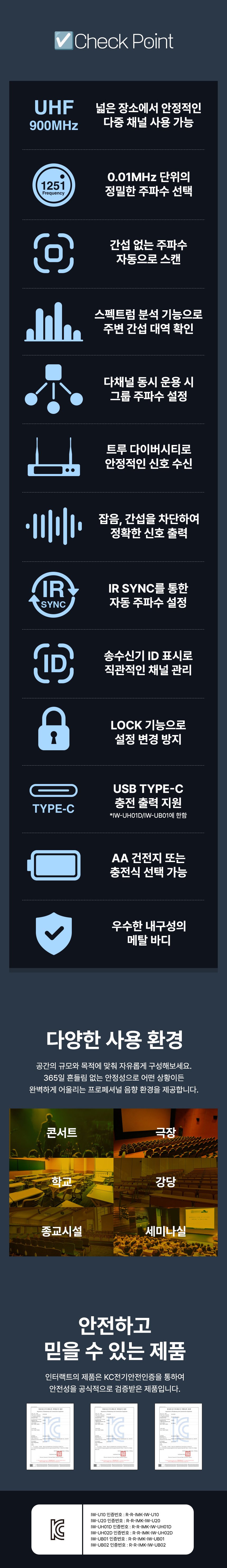 인터랙트 InterWave U UHF 900MHz 무선 마이크 시스템 자동 스캔 트루 다이버시티 간섭 방지 및 교회 강당 학교 환경에 적합한 KC 인증 제품