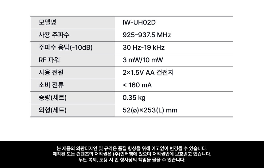 인터랙트 InterWave U IW-UB02 벨트팩 무선 마이크 주파수 RF 출력 배터리 사용 시간 등 제품 사양 스펙